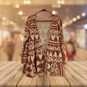 Entro Women’s Tribal Print Cardigan – Size S/M – Grey & Red Open Front Sweater‎